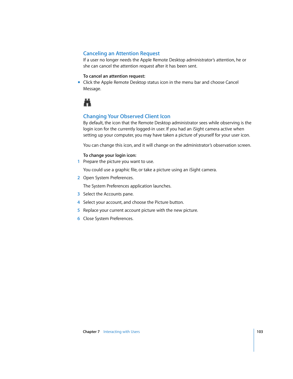 Canceling an attention request, Changing your observed client icon | Apple Remote Desktop User Manual | Page 103 / 203