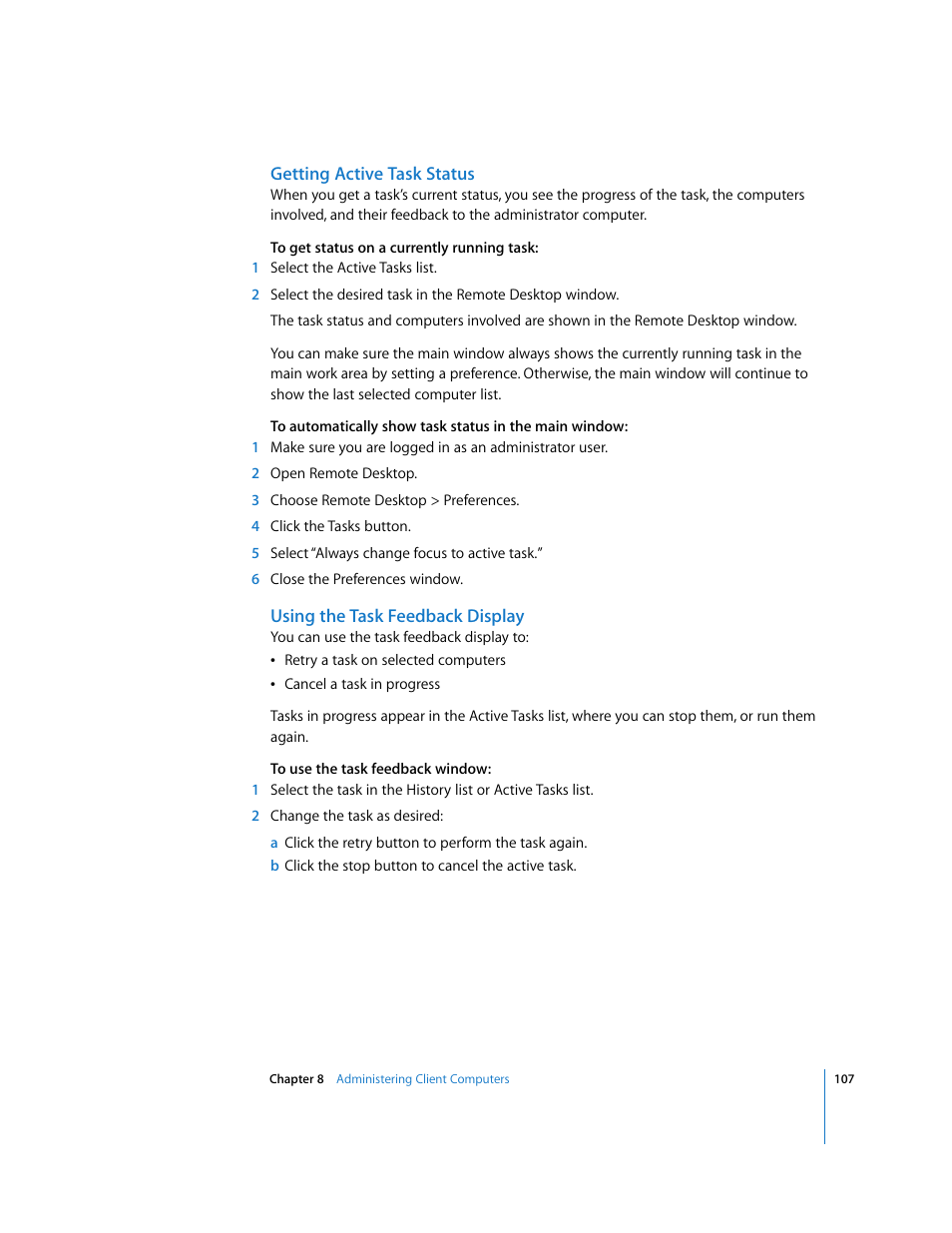 Getting active task status, Using the task feedback display | Apple Remote Desktop User Manual | Page 107 / 203