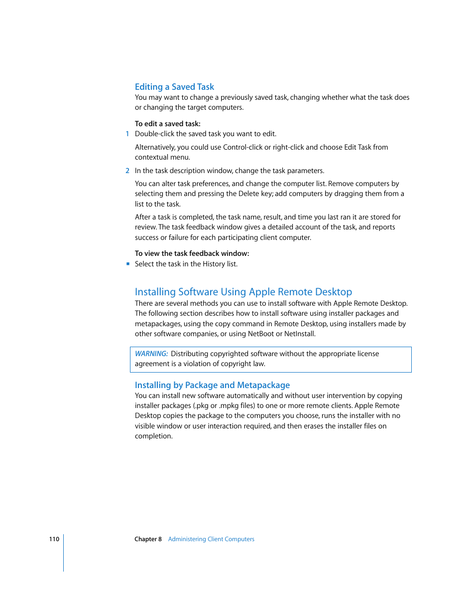 Editing a saved task, Installing software using apple remote desktop, Installing by package and metapackage | Apple Remote Desktop User Manual | Page 110 / 203