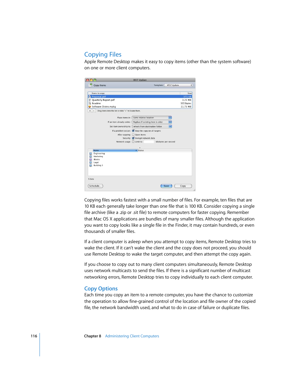 Copying files, Copy options | Apple Remote Desktop User Manual | Page 116 / 203