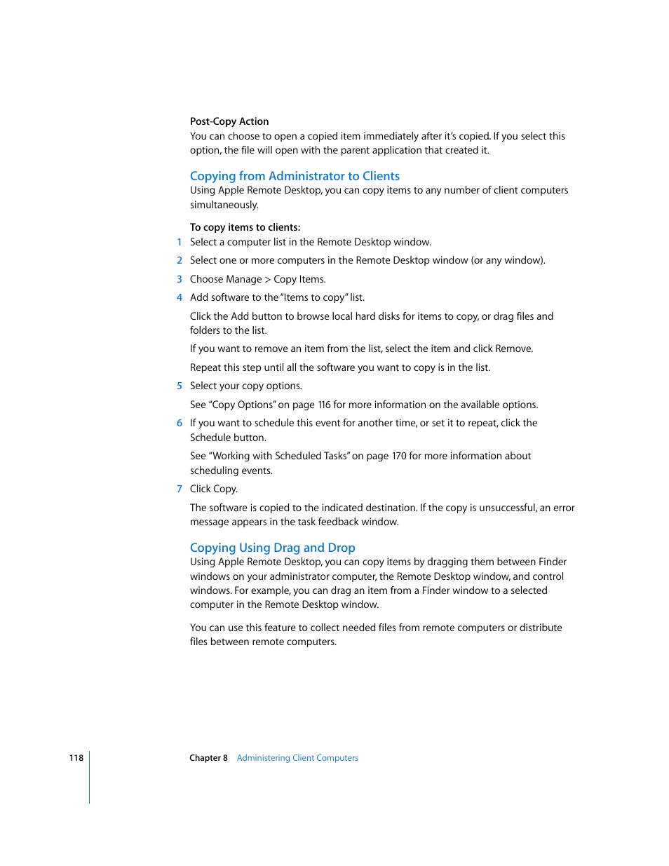 Copying from administrator to clients, Copying using drag and drop | Apple Remote Desktop User Manual | Page 118 / 203
