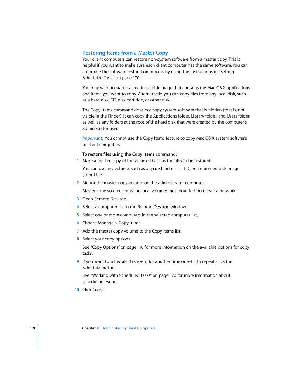 Restoring items from a master copy | Apple Remote Desktop User Manual | Page 120 / 203