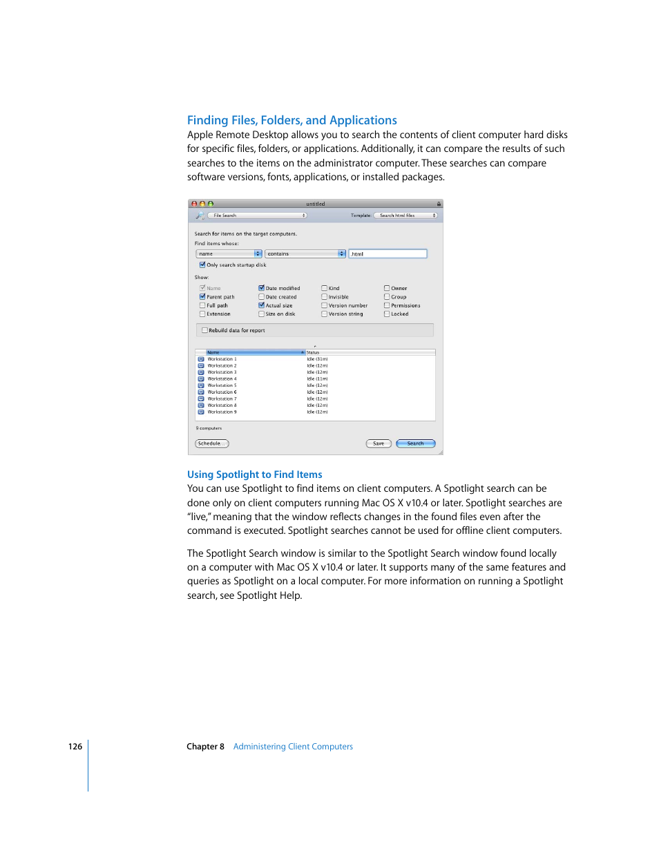 Finding files, folders, and applications | Apple Remote Desktop User Manual | Page 126 / 203