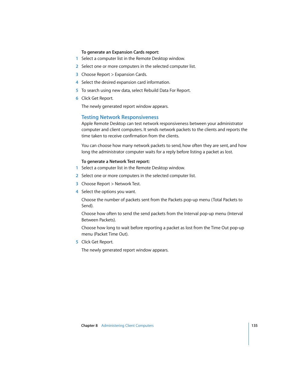 Testing network responsiveness | Apple Remote Desktop User Manual | Page 135 / 203