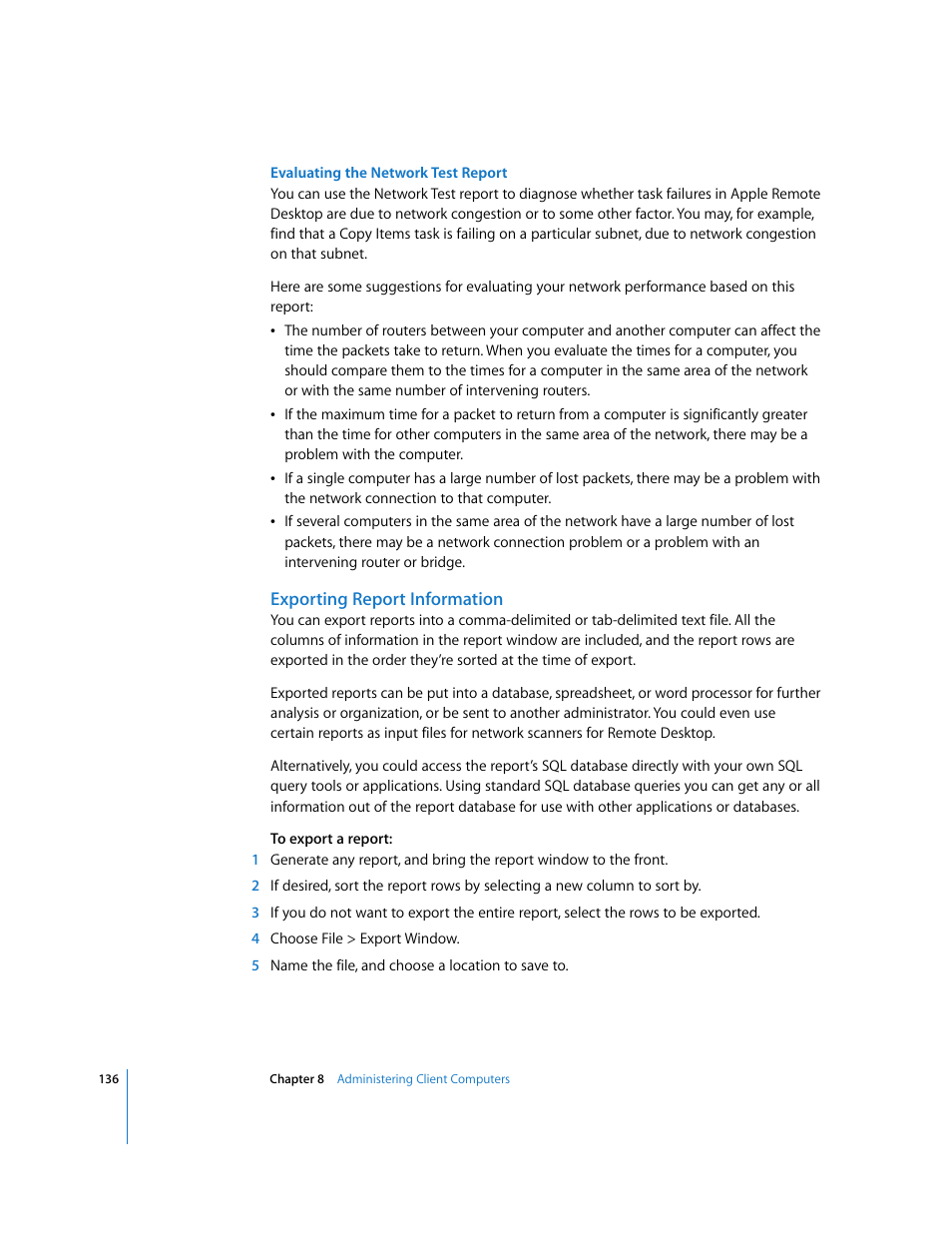 Exporting report information | Apple Remote Desktop User Manual | Page 136 / 203