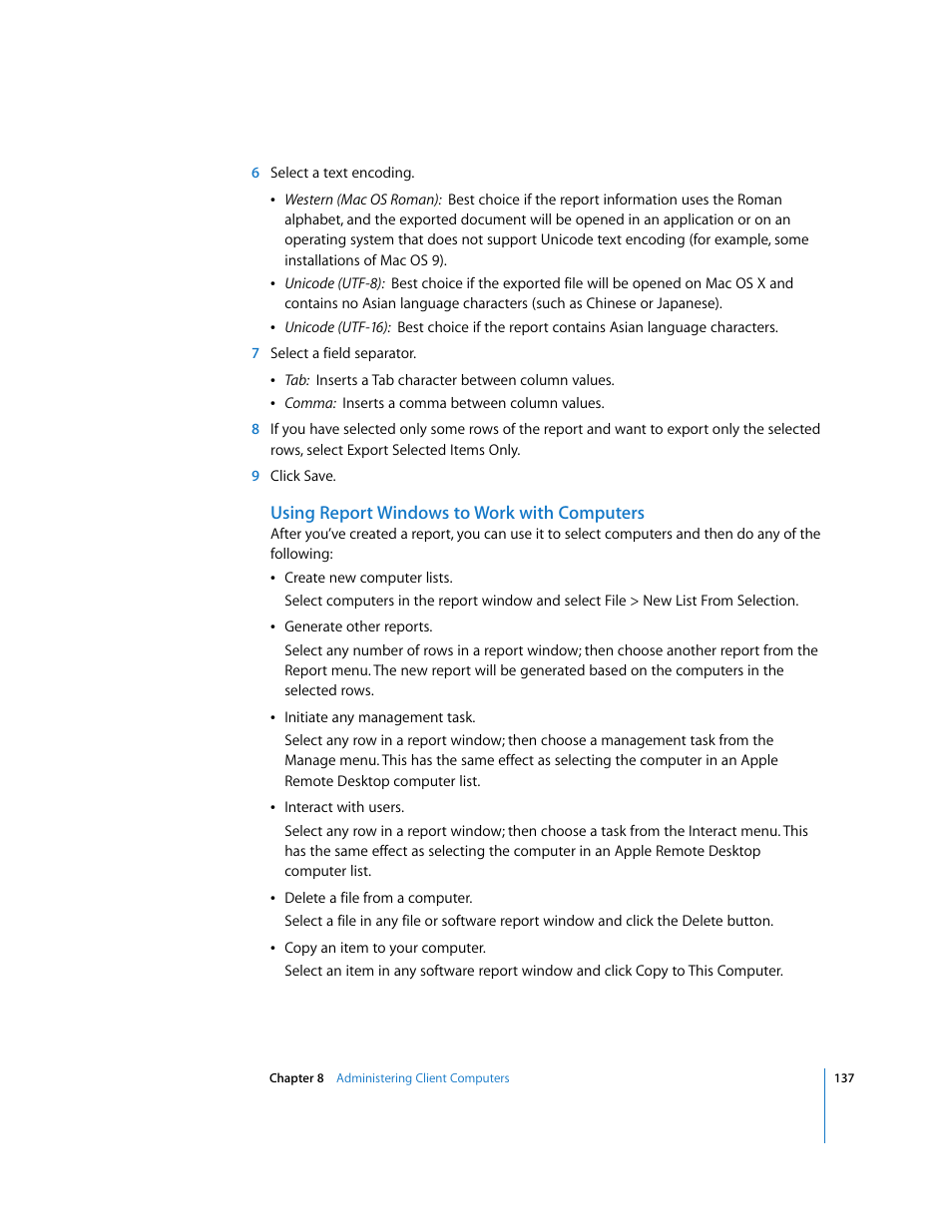 Using report windows to work with computers | Apple Remote Desktop User Manual | Page 137 / 203