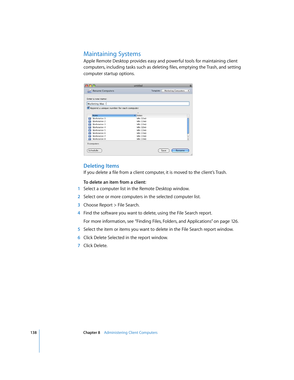 Maintaining systems, Deleting items | Apple Remote Desktop User Manual | Page 138 / 203