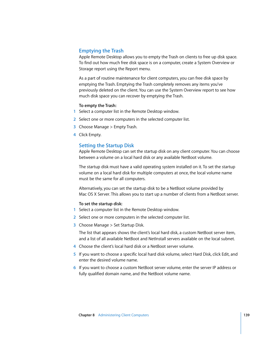 Emptying the trash, Setting the startup disk | Apple Remote Desktop User Manual | Page 139 / 203