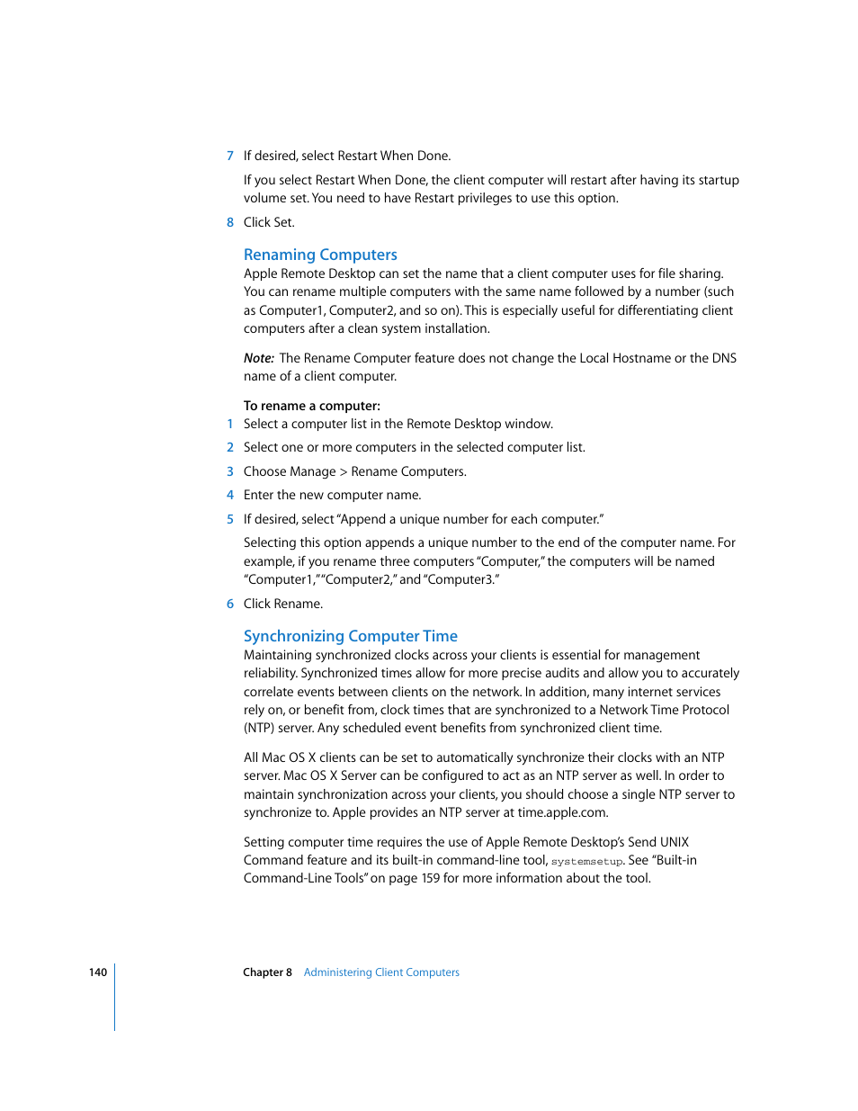 Renaming computers, Synchronizing computer time | Apple Remote Desktop User Manual | Page 140 / 203