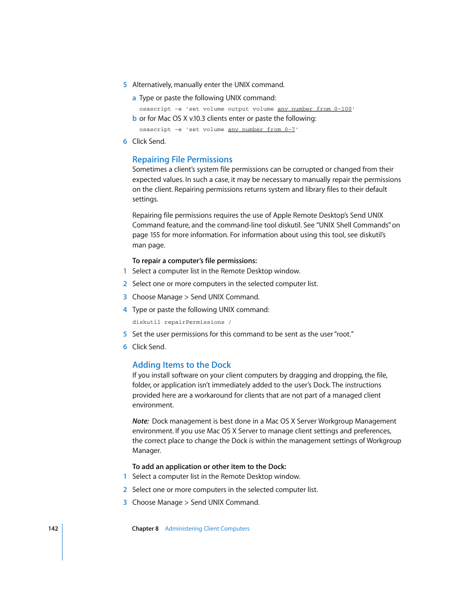 Repairing file permissions, Adding items to the dock | Apple Remote Desktop User Manual | Page 142 / 203