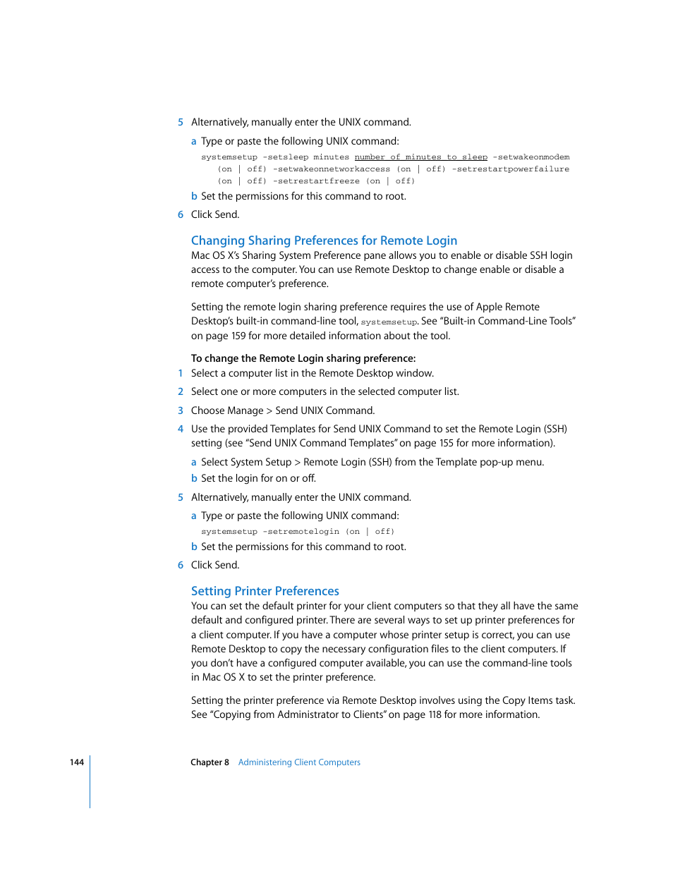 Changing sharing preferences for remote login, Setting printer preferences | Apple Remote Desktop User Manual | Page 144 / 203
