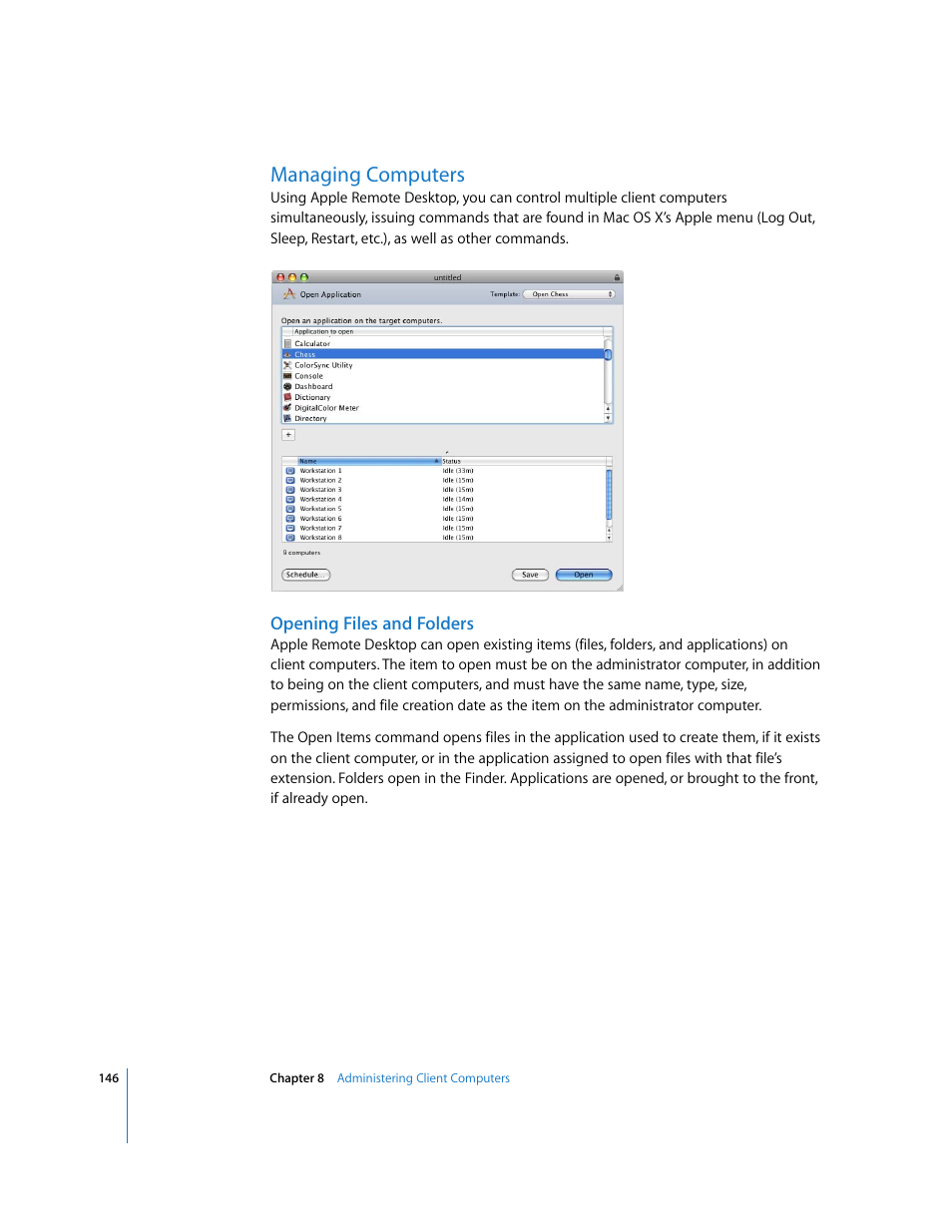 Managing computers, Opening files and folders | Apple Remote Desktop User Manual | Page 146 / 203