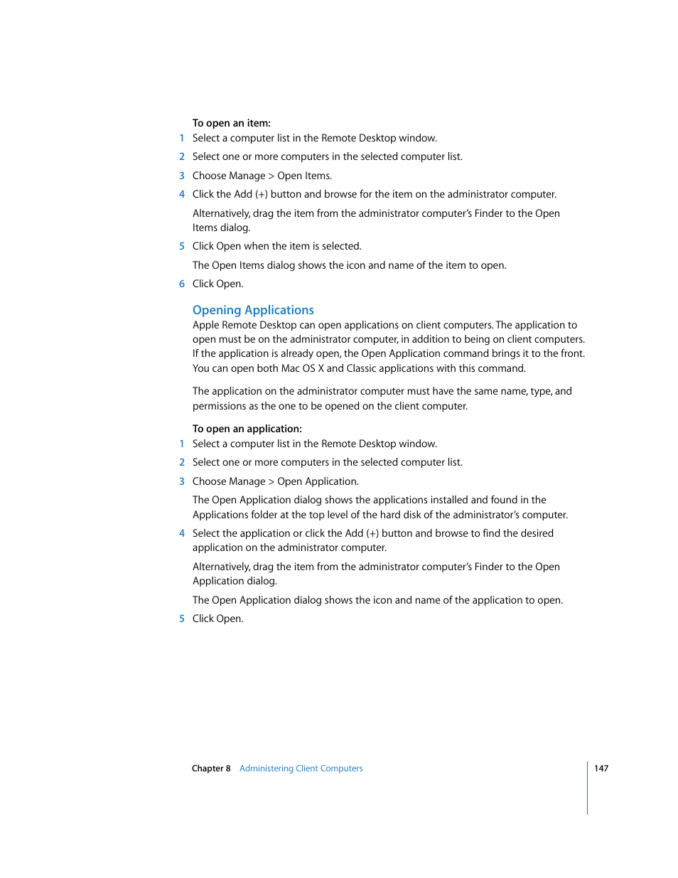 Opening applications | Apple Remote Desktop User Manual | Page 147 / 203