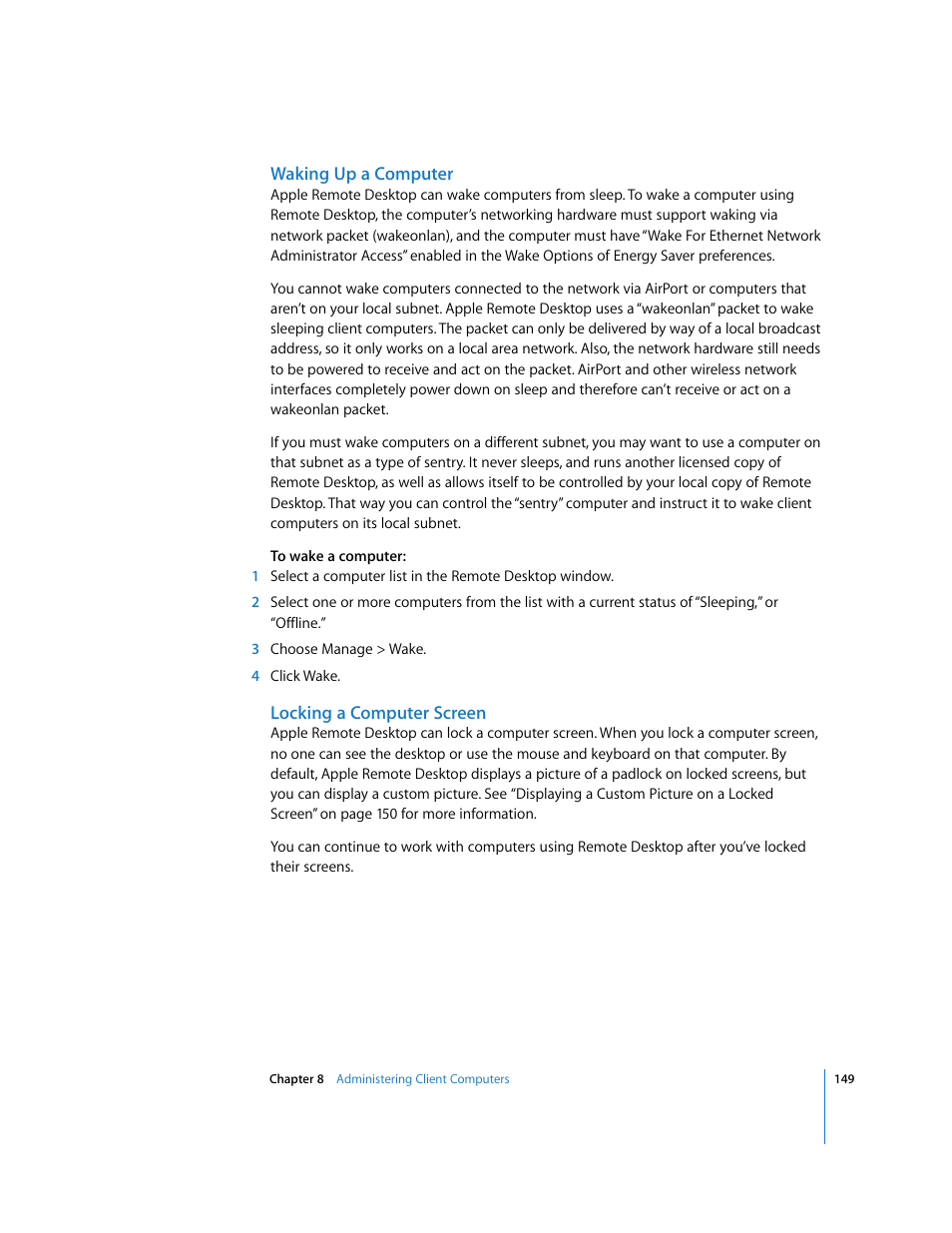 Waking up a computer, Locking a computer screen | Apple Remote Desktop User Manual | Page 149 / 203