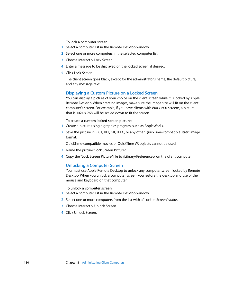 Displaying a custom picture on a locked screen, Unlocking a computer screen | Apple Remote Desktop User Manual | Page 150 / 203