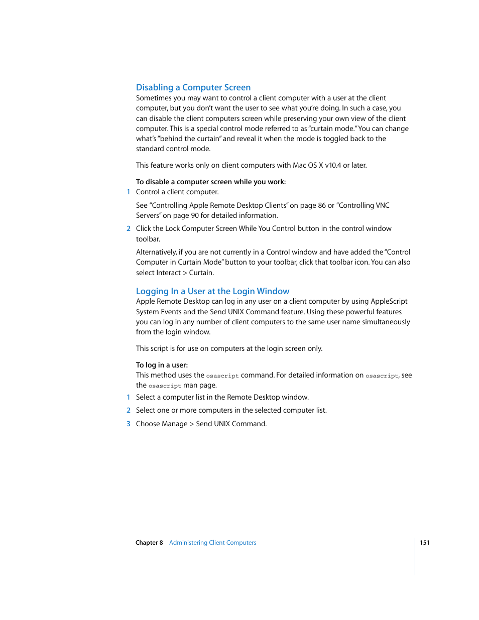 Disabling a computer screen, Logging in a user at the login window | Apple Remote Desktop User Manual | Page 151 / 203