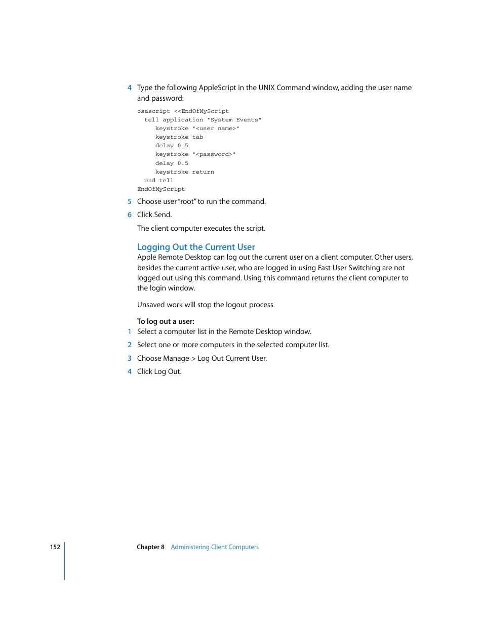 Logging out the current user | Apple Remote Desktop User Manual | Page 152 / 203