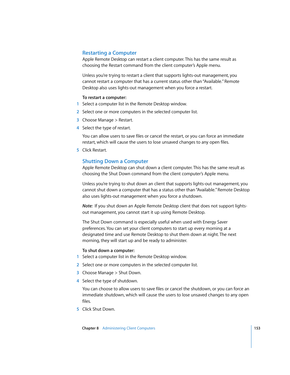 Restarting a computer, Shutting down a computer | Apple Remote Desktop User Manual | Page 153 / 203