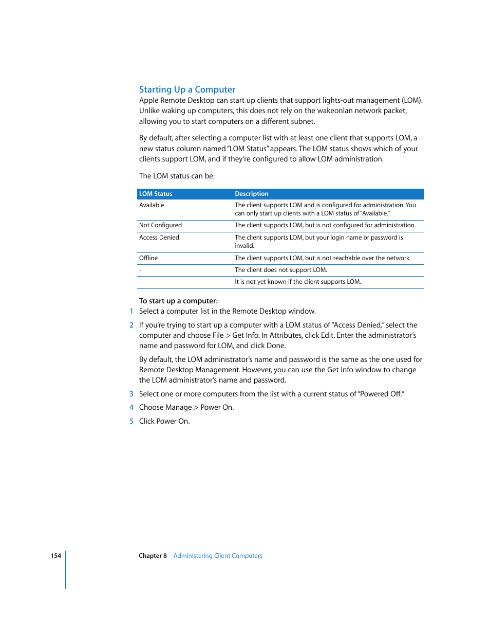 Starting up a computer | Apple Remote Desktop User Manual | Page 154 / 203