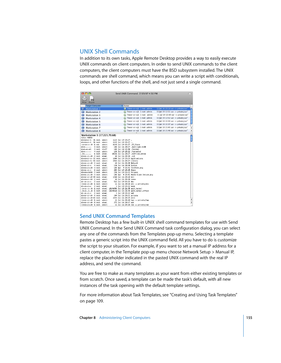 Unix shell commands, Send unix command templates, Ee “unix shell | Apple Remote Desktop User Manual | Page 155 / 203