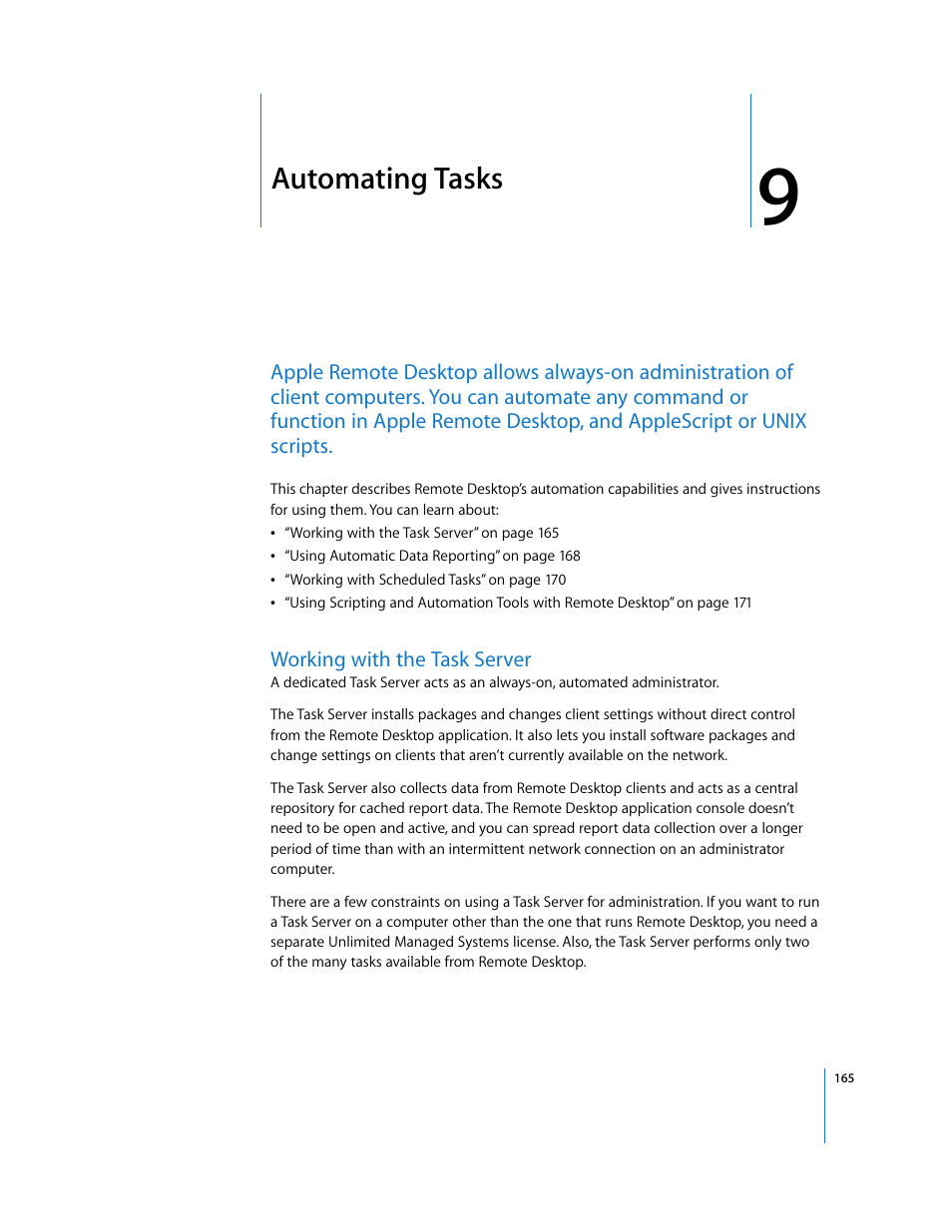 Automating tasks, Working with the task server, Chapter 9 | Apple Remote Desktop User Manual | Page 165 / 203