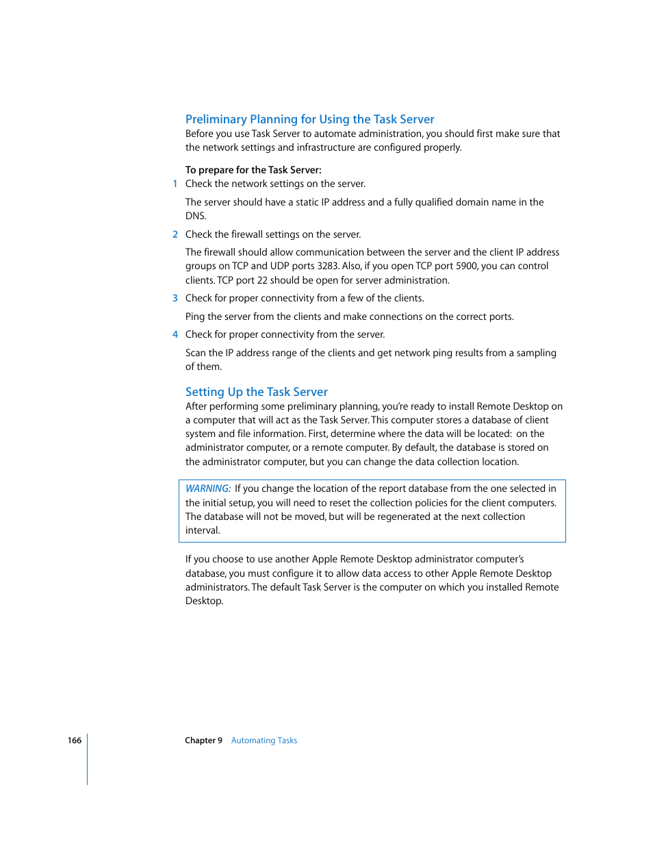 Preliminary planning for using the task server, Setting up the task server | Apple Remote Desktop User Manual | Page 166 / 203