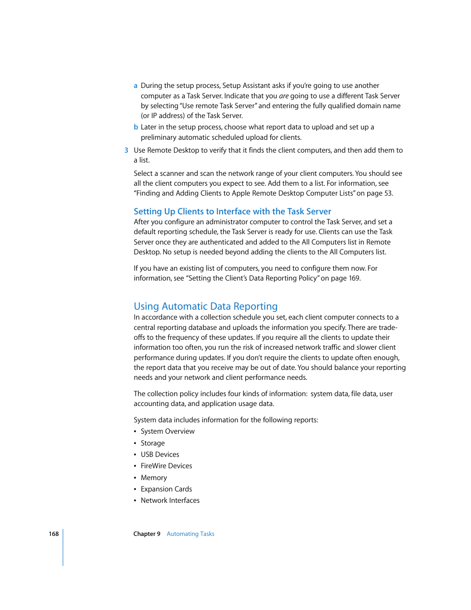 Using automatic data reporting | Apple Remote Desktop User Manual | Page 168 / 203