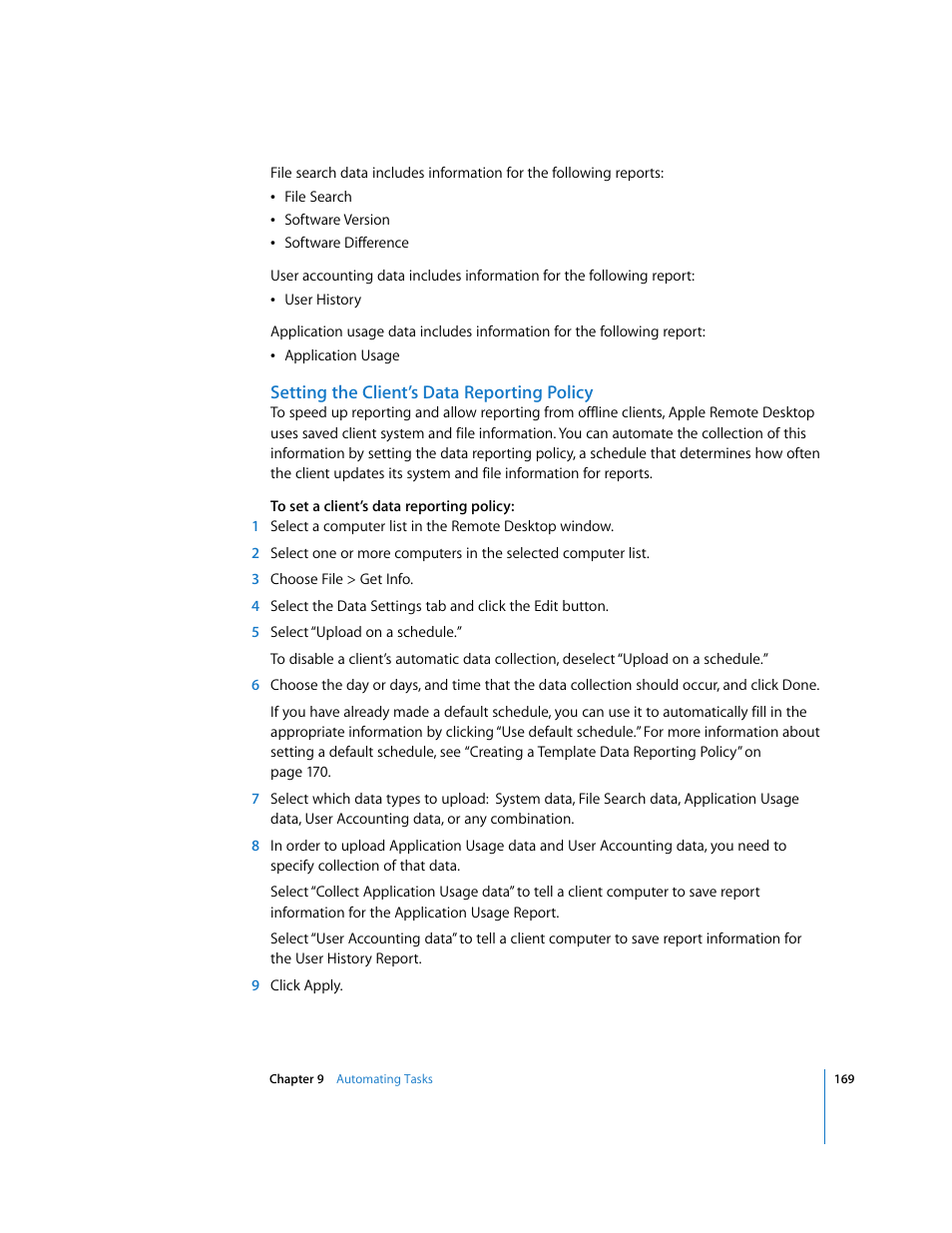 Setting the client’s data reporting policy | Apple Remote Desktop User Manual | Page 169 / 203