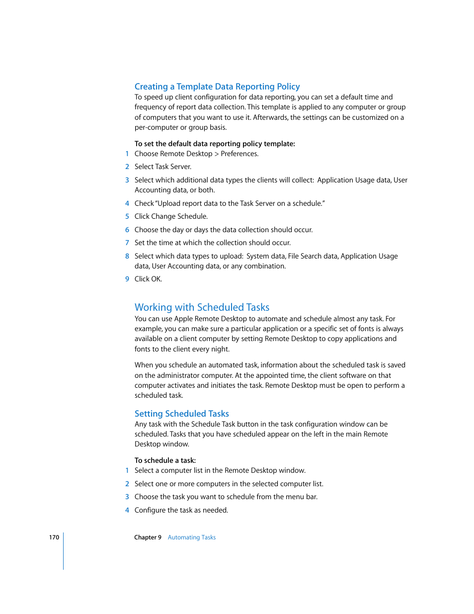 Creating a template data reporting policy, Working with scheduled tasks, Setting scheduled tasks | Apple Remote Desktop User Manual | Page 170 / 203