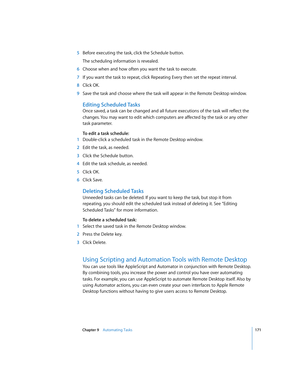 Editing scheduled tasks, Deleting scheduled tasks | Apple Remote Desktop User Manual | Page 171 / 203