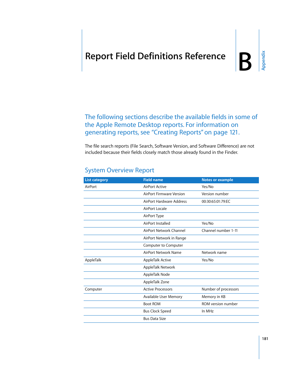 Report field definitions reference, System overview report, Appendix b | Apple Remote Desktop User Manual | Page 181 / 203