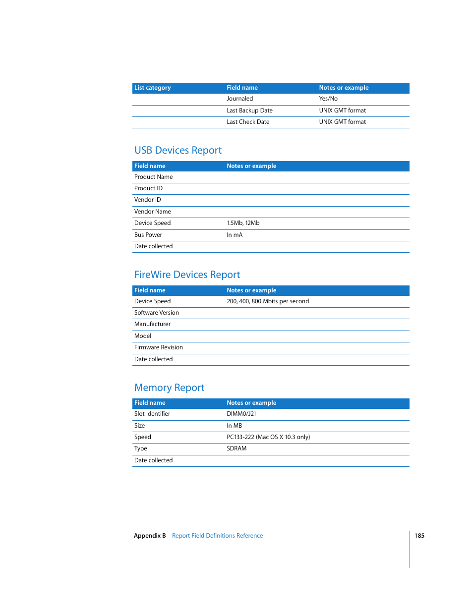 Usb devices report, Firewire devices report, Memory report | Apple Remote Desktop User Manual | Page 185 / 203
