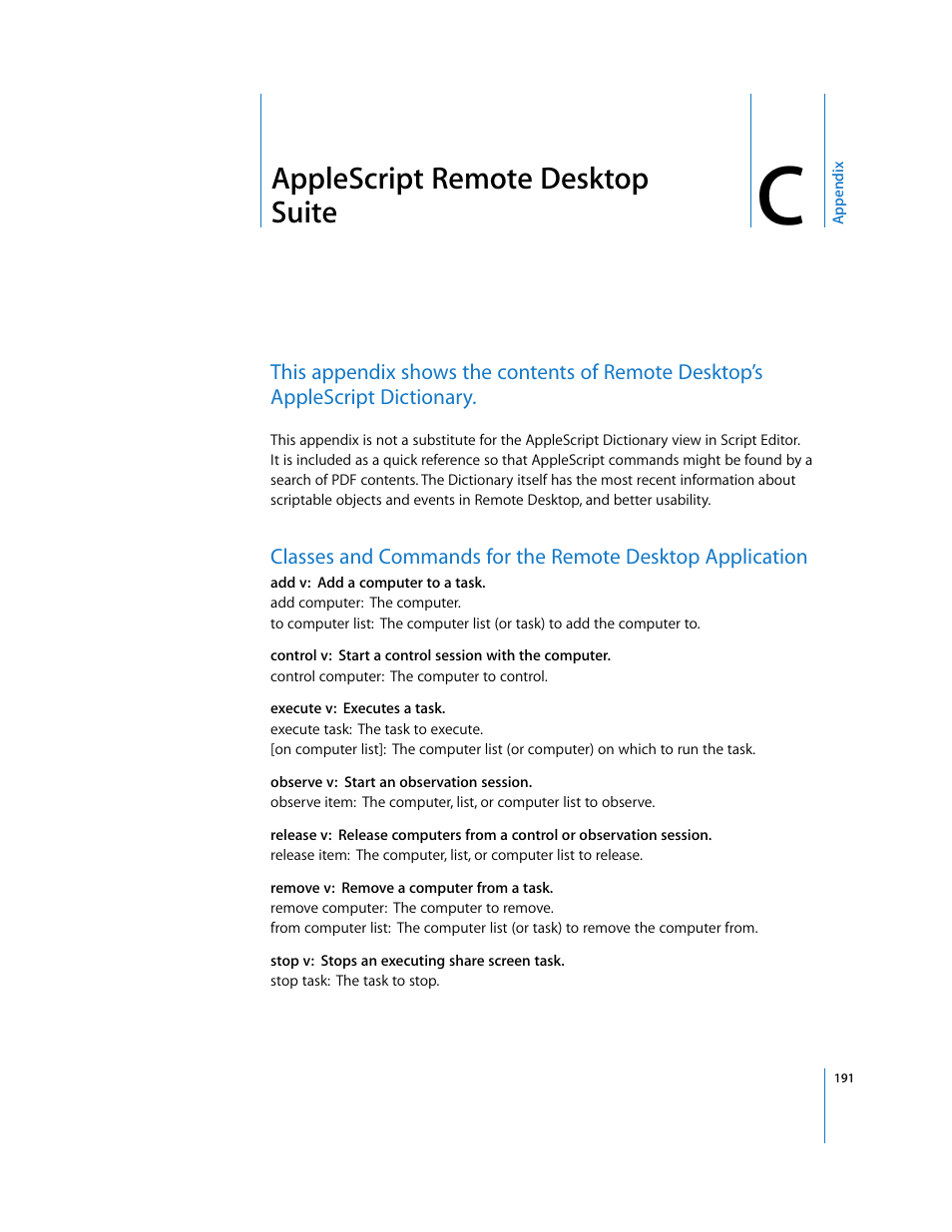 Applescript remote desktop suite, Appendix c | Apple Remote Desktop User Manual | Page 191 / 203