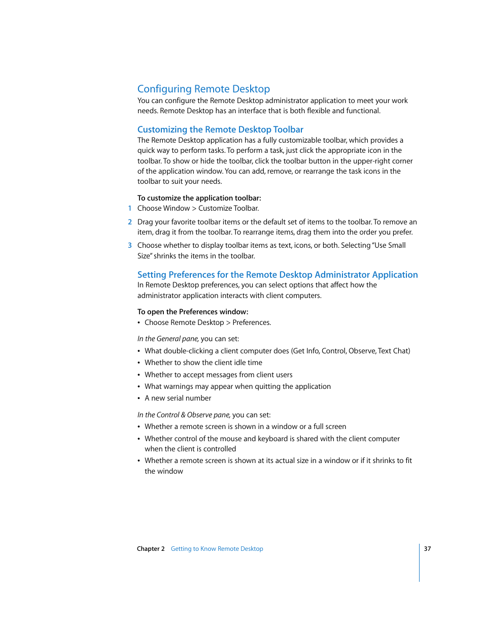 Configuring remote desktop, Customizing the remote desktop toolbar | Apple Remote Desktop User Manual | Page 37 / 203