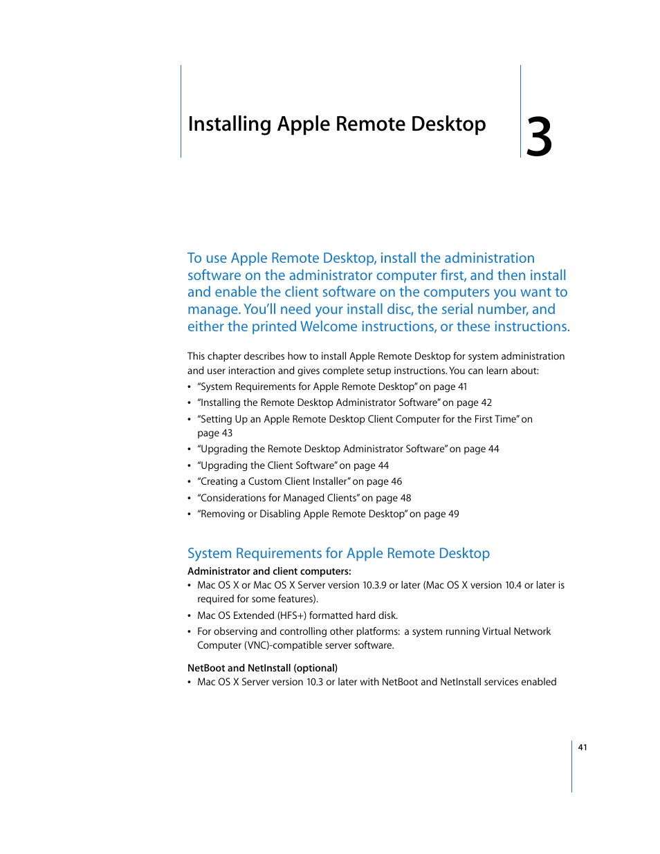 Installing apple remote desktop, System requirements for apple remote desktop, Chapter 3 | Apple Remote Desktop User Manual | Page 41 / 203