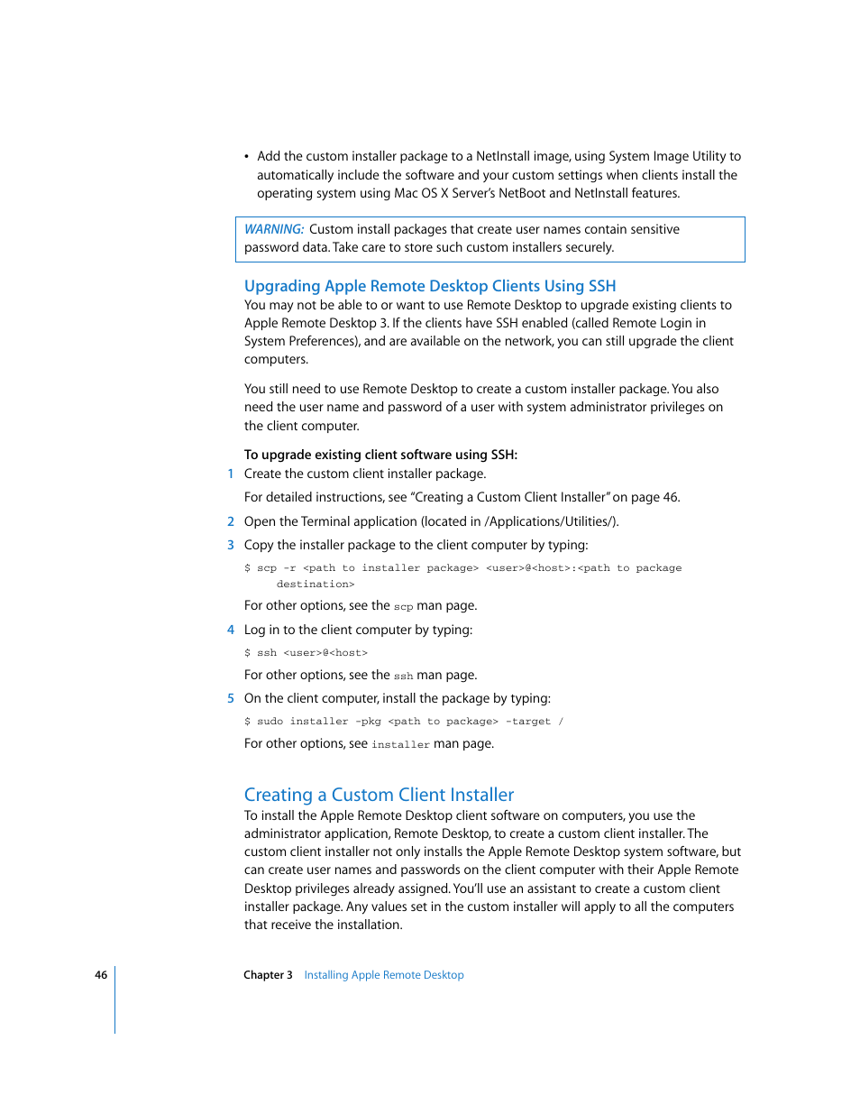 Upgrading apple remote desktop clients using ssh, Creating a custom client installer | Apple Remote Desktop User Manual | Page 46 / 203