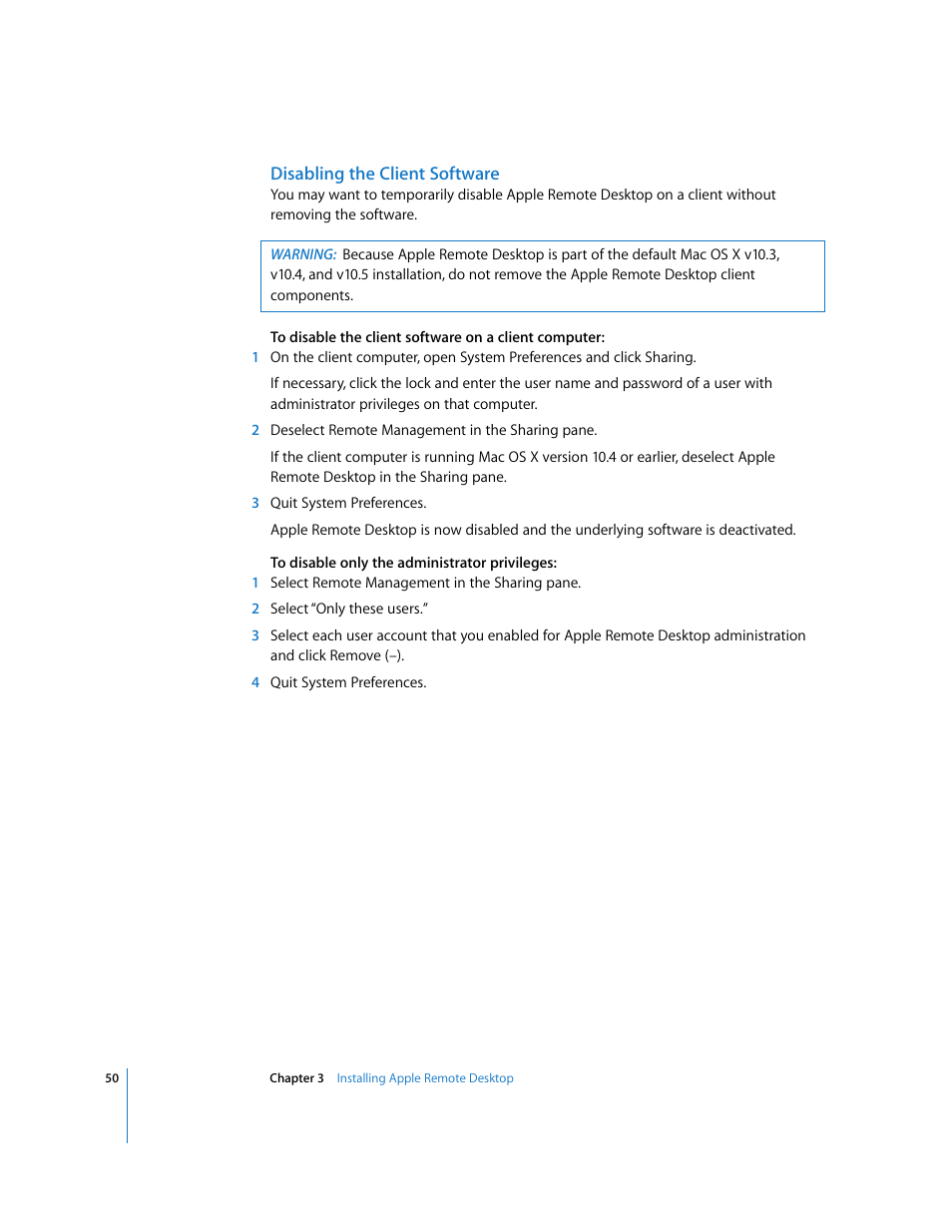 Disabling the client software | Apple Remote Desktop User Manual | Page 50 / 203
