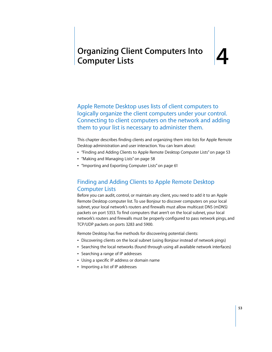 Organizing client computers into computer lists, Chapter 4 | Apple Remote Desktop User Manual | Page 53 / 203