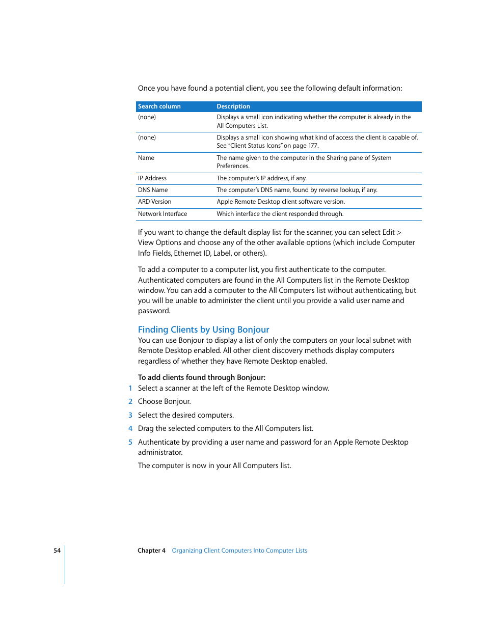 Finding clients by using bonjour | Apple Remote Desktop User Manual | Page 54 / 203