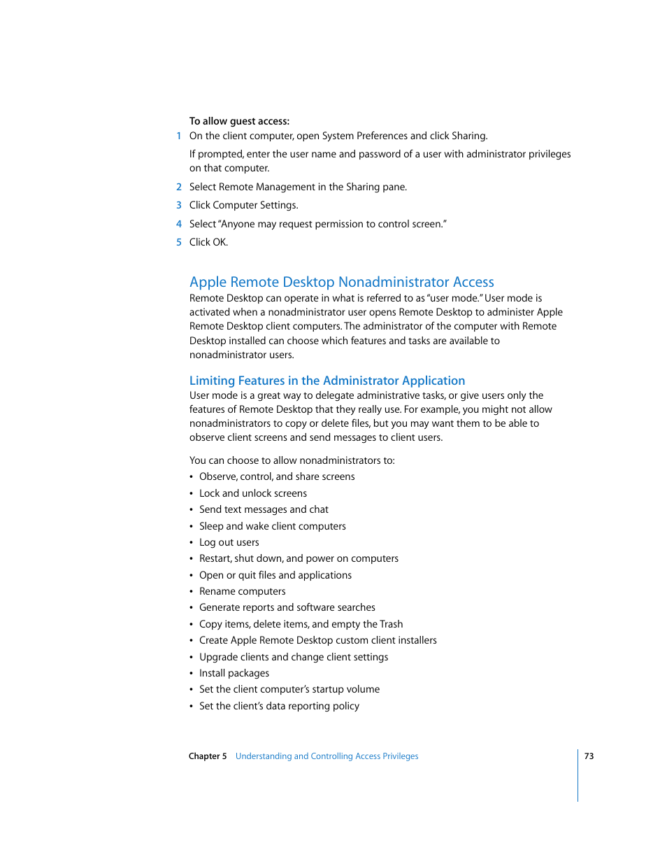 Apple remote desktop nonadministrator access, Limiting features in the administrator application | Apple Remote Desktop User Manual | Page 73 / 203