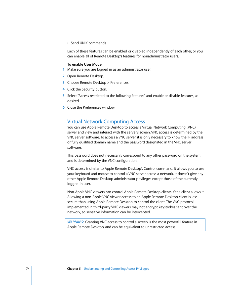 Virtual network computing access | Apple Remote Desktop User Manual | Page 74 / 203