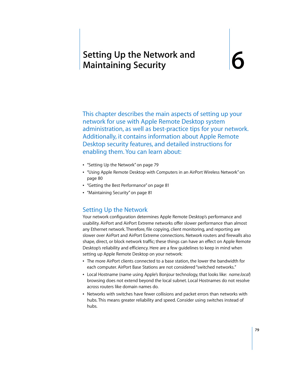 Setting up the network and maintaining security, Setting up the network, Chapter 6 | Apple Remote Desktop User Manual | Page 79 / 203