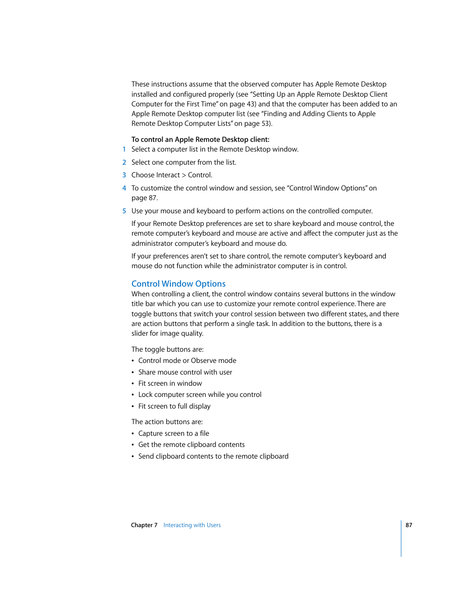Control window options | Apple Remote Desktop User Manual | Page 87 / 203