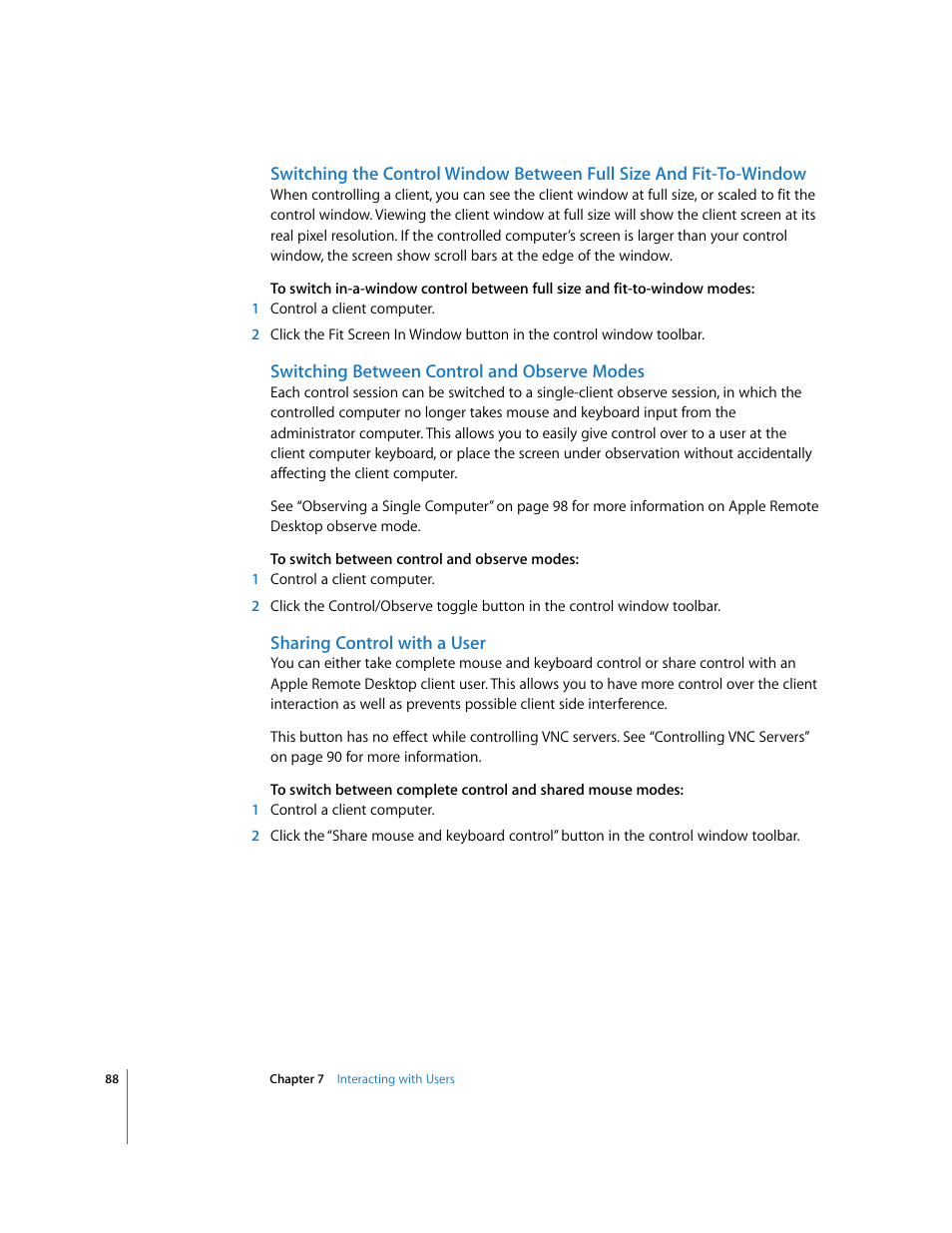 Switching between control and observe modes, Sharing control with a user | Apple Remote Desktop User Manual | Page 88 / 203