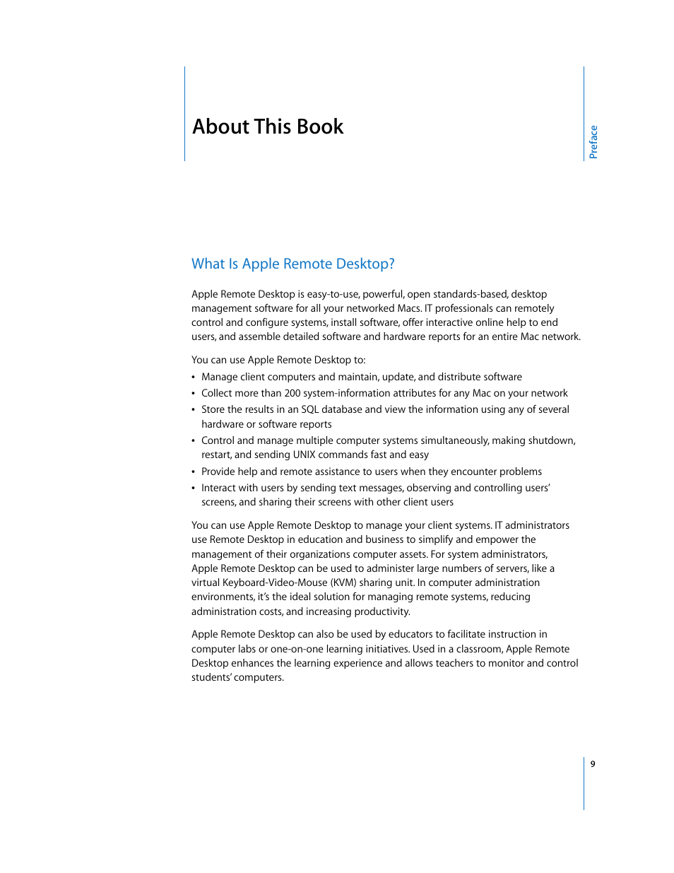 About this book, Preface, What is apple remote desktop | Apple Remote Desktop User Manual | Page 9 / 203