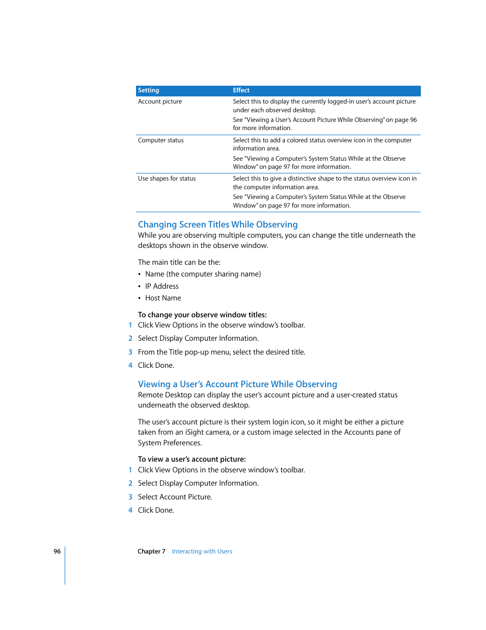 Changing screen titles while observing, Viewing a user’s account picture while observing | Apple Remote Desktop User Manual | Page 96 / 203