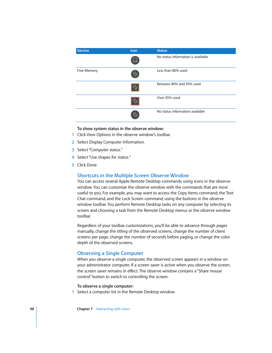 Shortcuts in the multiple screen observe window, Observing a single computer | Apple Remote Desktop User Manual | Page 98 / 203