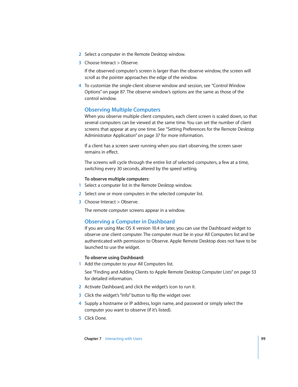Observing multiple computers, Observing a computer in dashboard | Apple Remote Desktop User Manual | Page 99 / 203