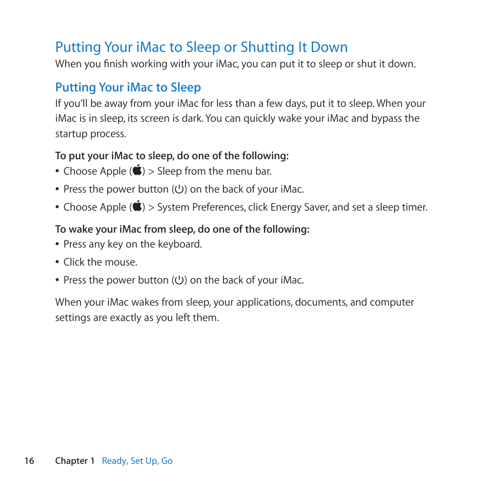 Putting your imac to sleep or shutting it down, 16 putting your imac to sleep or shutting it down | Apple iMac (21.5-inch, Late 2011) User Manual | Page 16 / 80