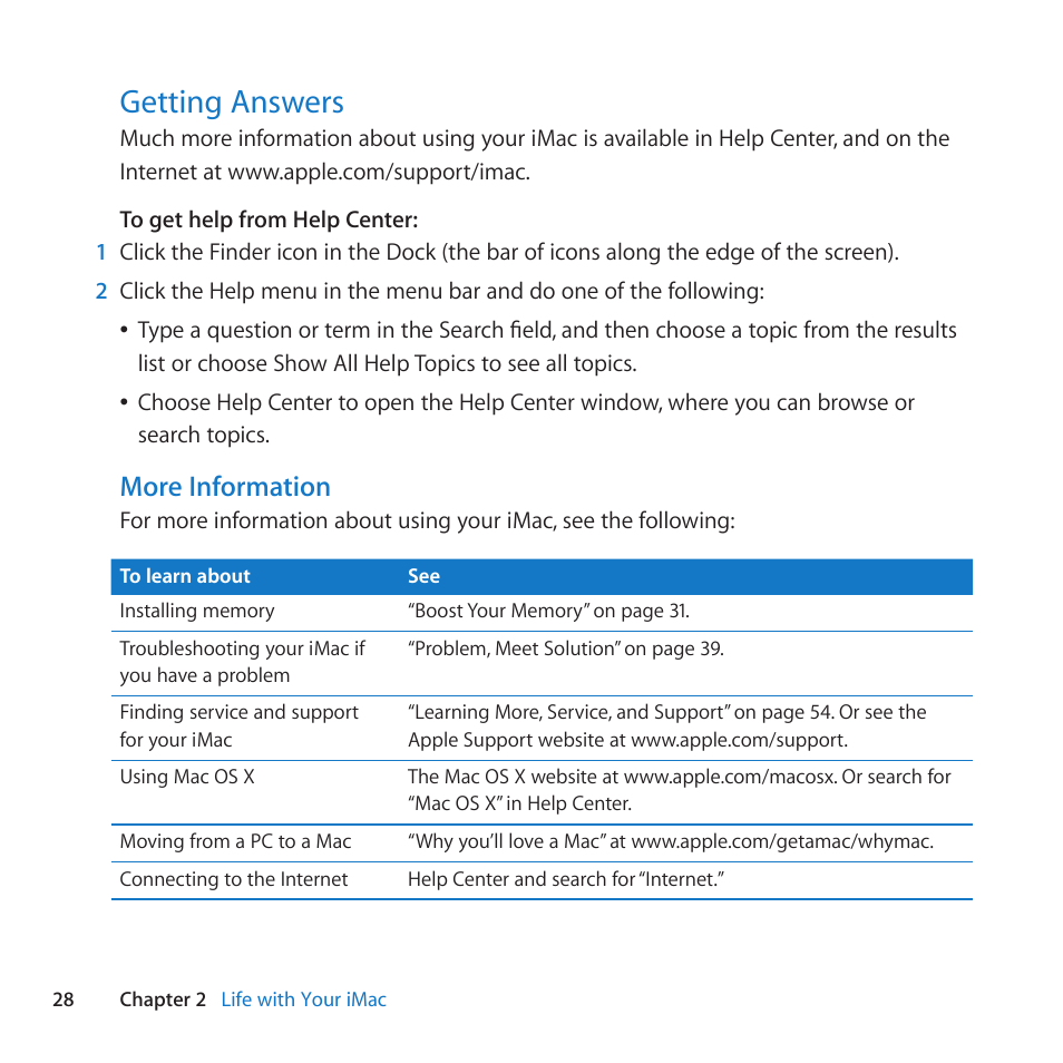 Getting answers, 28 getting answers, More information | Apple iMac (21.5-inch, Late 2011) User Manual | Page 28 / 80